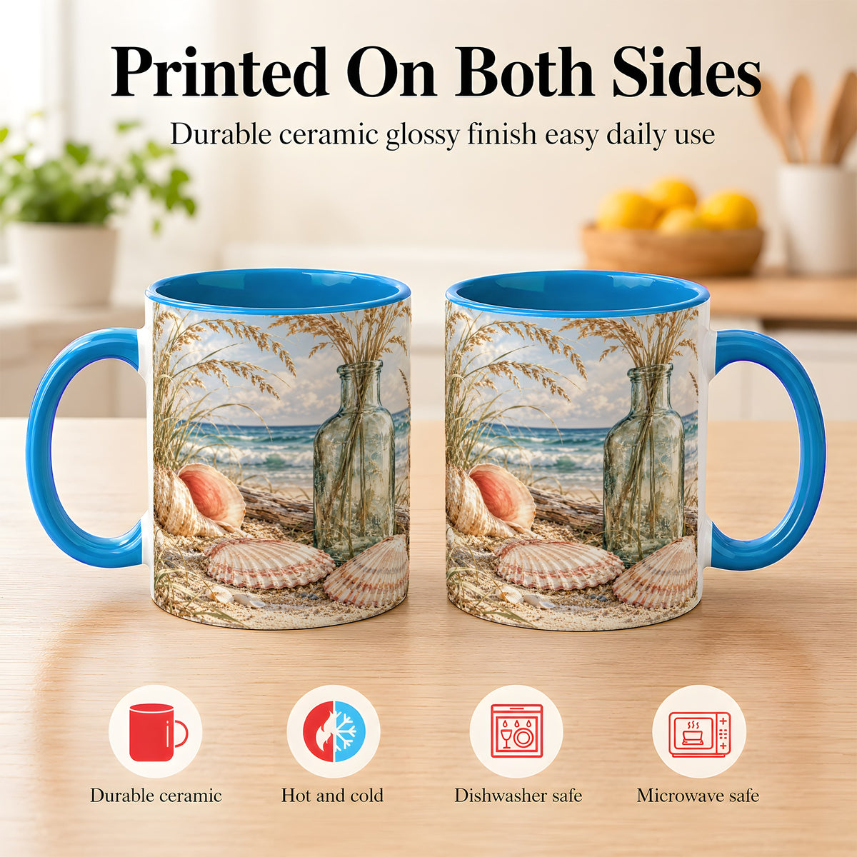 #pl[11oz|Blue] Sea Oats Seashell Coffee Mug, Coastal Bottle Mug, Ceramic Cup