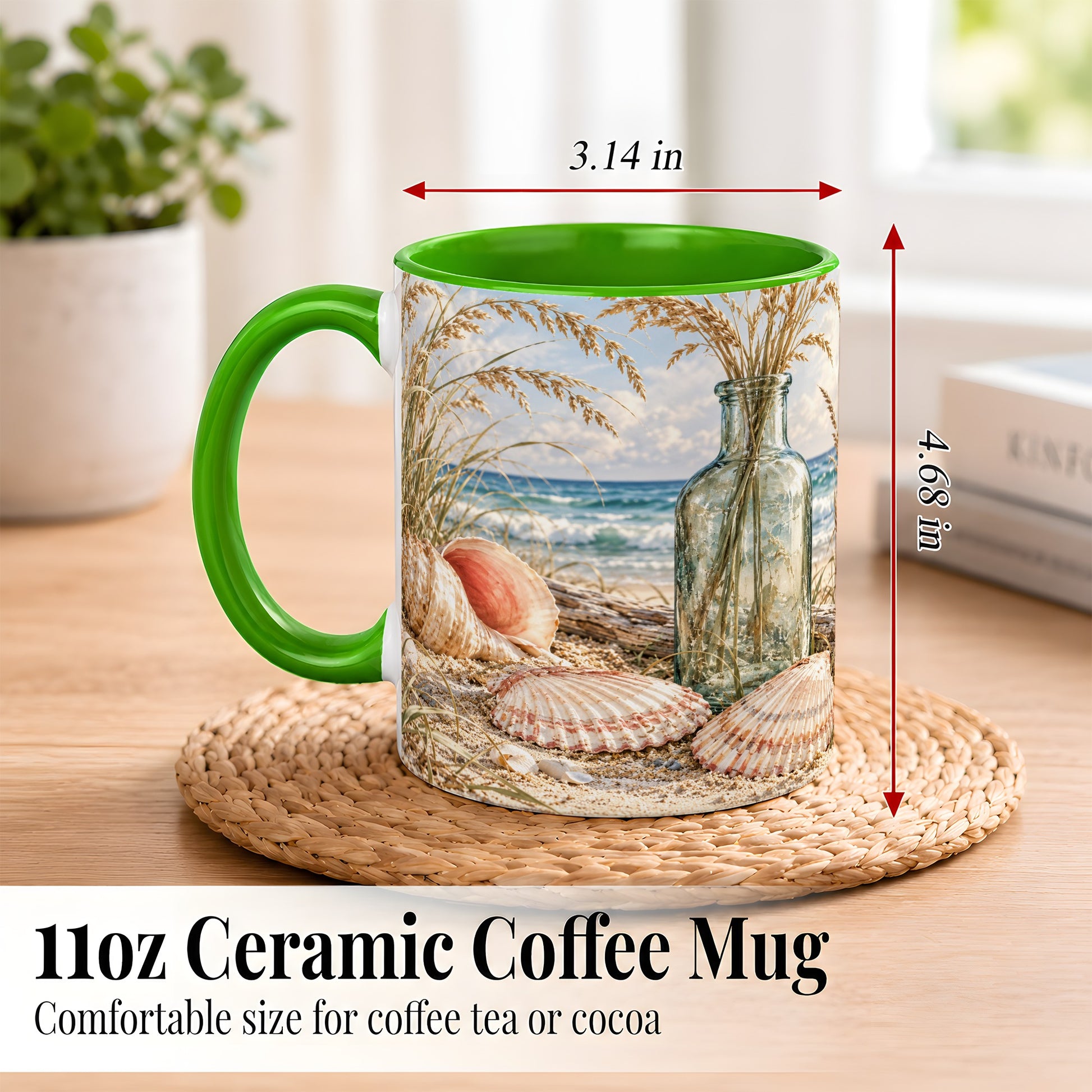#pl[11oz|Green] Sea Oats Seashell Coffee Mug, Coastal Bottle Mug, Ceramic Cup