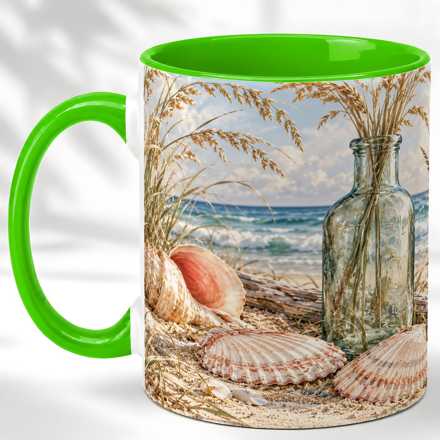 #pl[11oz|Green] Sea Oats Seashell Coffee Mug, Coastal Bottle Mug, Ceramic Cup