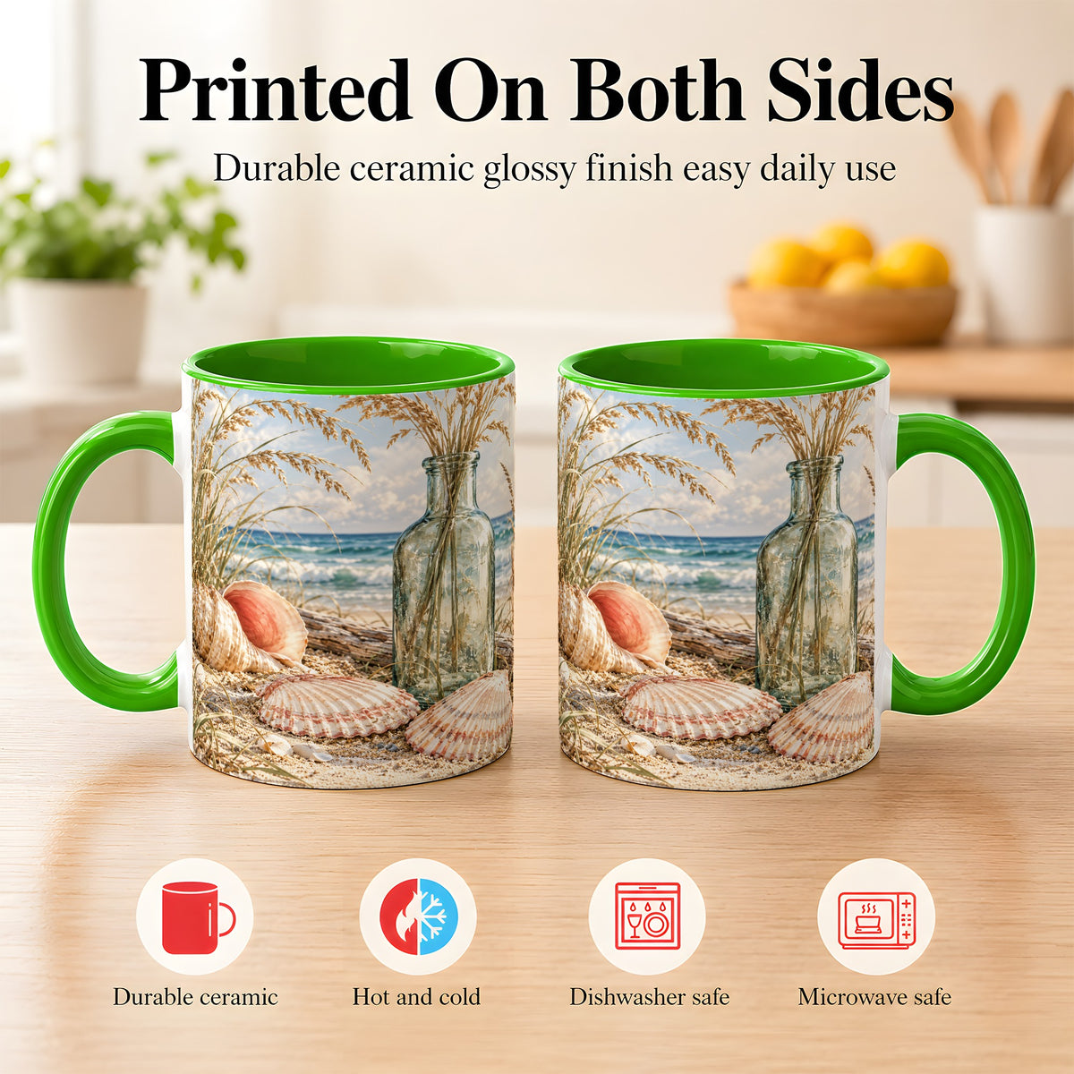 #pl[11oz|Green] Sea Oats Seashell Coffee Mug, Coastal Bottle Mug, Ceramic Cup