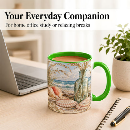 #pl[11oz|Green] Sea Oats Seashell Coffee Mug, Coastal Bottle Mug, Ceramic Cup