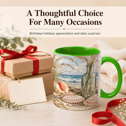 #pl[11oz|Green] Sea Oats Seashell Coffee Mug, Coastal Bottle Mug, Ceramic Cup