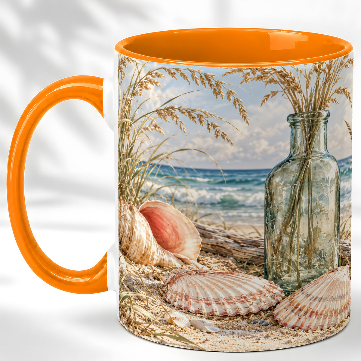 #pl[11oz|Orange] Sea Oats Seashell Coffee Mug, Coastal Bottle Mug, Ceramic Cup