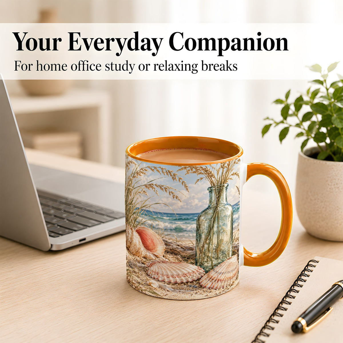 #pl[11oz|Orange] Sea Oats Seashell Coffee Mug, Coastal Bottle Mug, Ceramic Cup