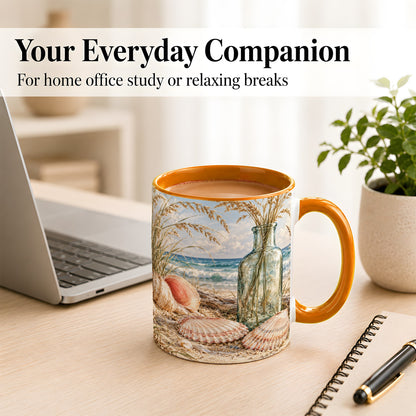 #pl[11oz|Orange] Sea Oats Seashell Coffee Mug, Coastal Bottle Mug, Ceramic Cup