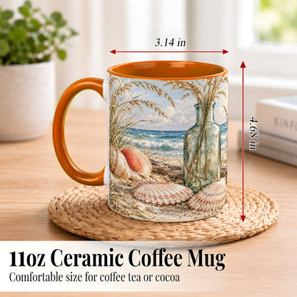 #pl[11oz|Orange] Sea Oats Seashell Coffee Mug, Coastal Bottle Mug, Ceramic Cup