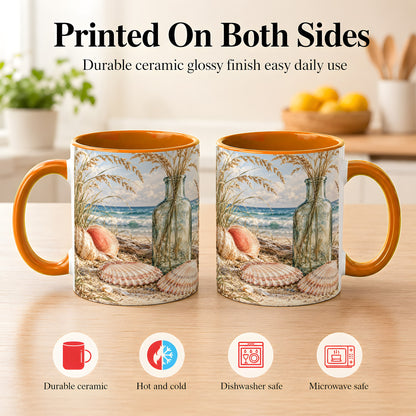#pl[11oz|Orange] Sea Oats Seashell Coffee Mug, Coastal Bottle Mug, Ceramic Cup