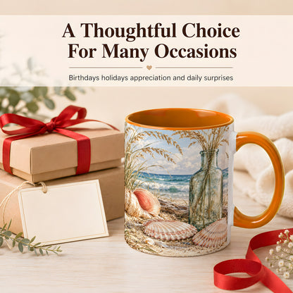 #pl[11oz|Orange] Sea Oats Seashell Coffee Mug, Coastal Bottle Mug, Ceramic Cup