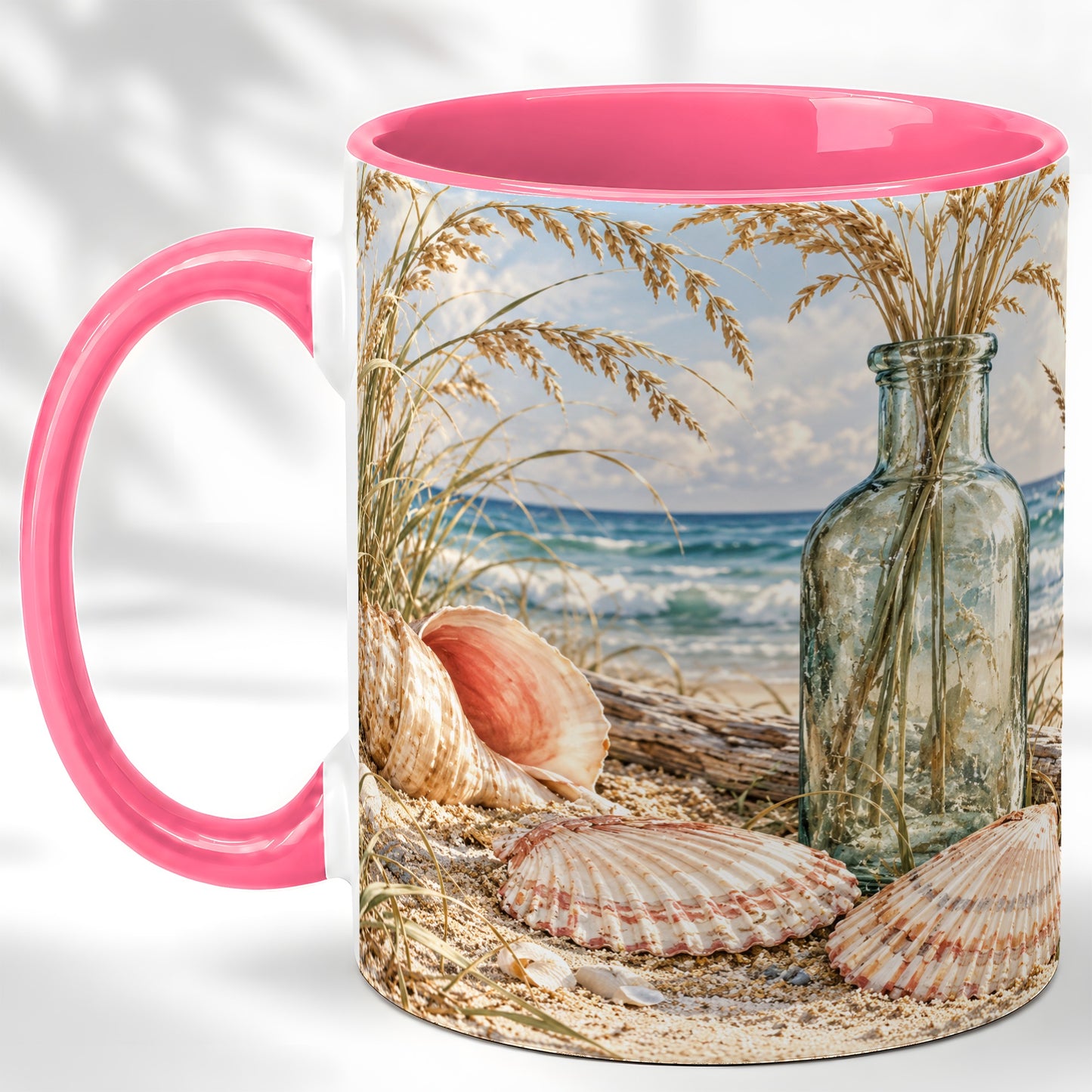 #pl[11oz|Pink] Sea Oats Seashell Coffee Mug, Coastal Bottle Mug, Ceramic Cup