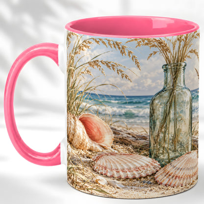 #pl[11oz|Pink] Sea Oats Seashell Coffee Mug, Coastal Bottle Mug, Ceramic Cup