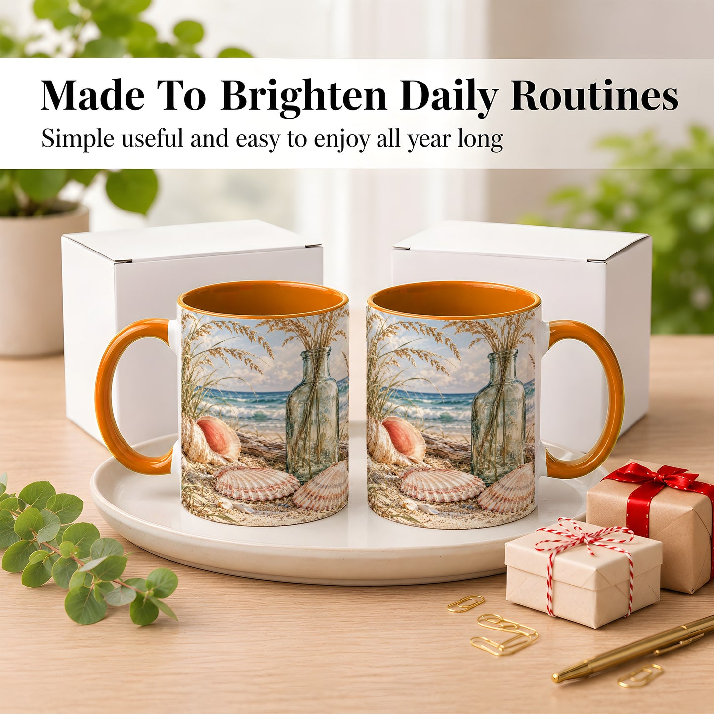 #pl[11oz|Orange] Sea Oats Seashell Coffee Mug, Coastal Bottle Mug, Ceramic Cup
