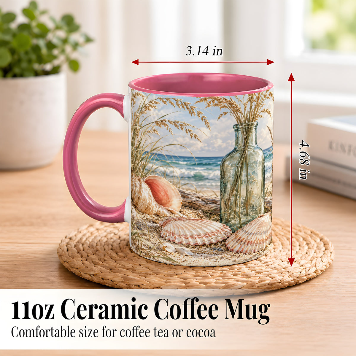 #pl[11oz|Pink] Sea Oats Seashell Coffee Mug, Coastal Bottle Mug, Ceramic Cup