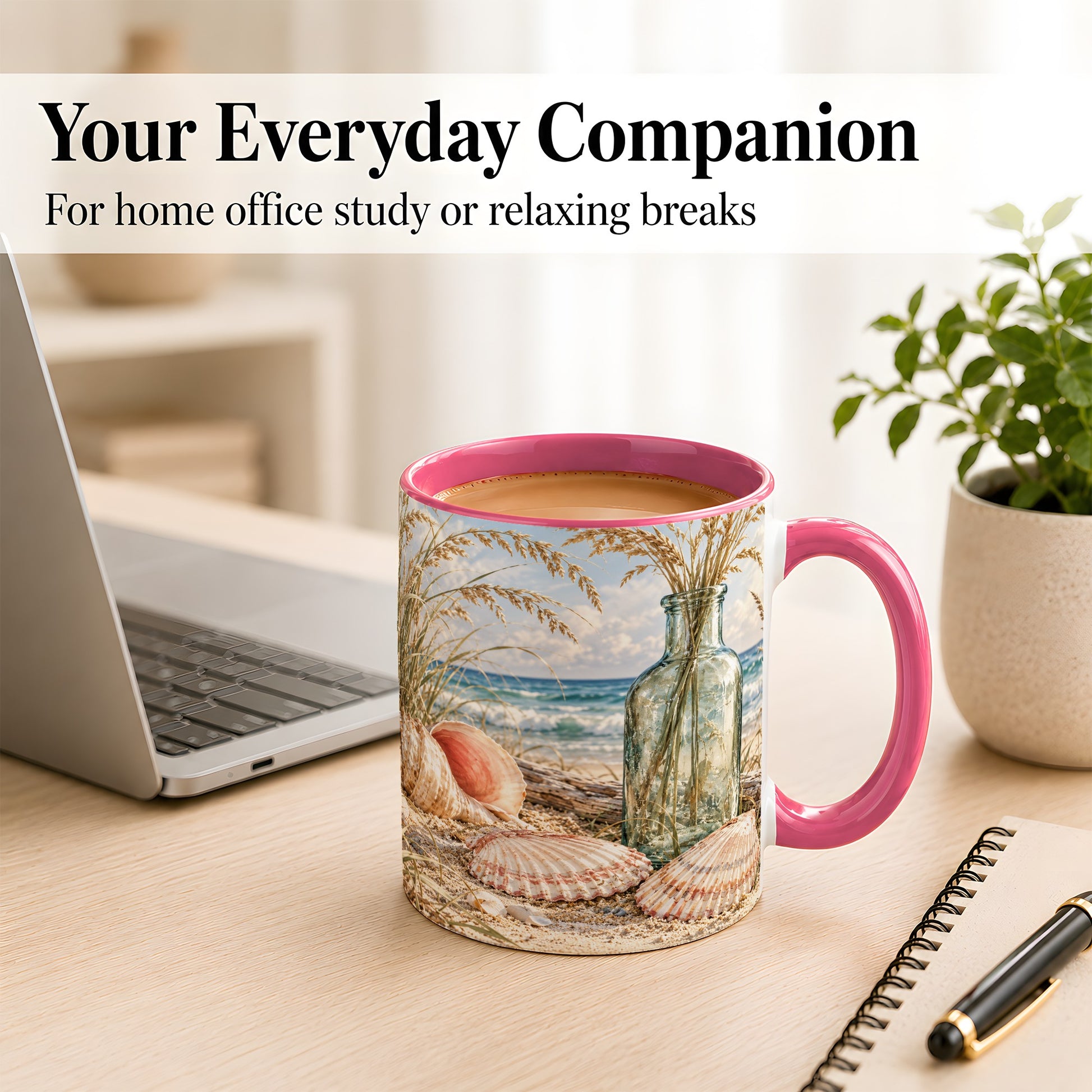 #pl[11oz|Pink] Sea Oats Seashell Coffee Mug, Coastal Bottle Mug, Ceramic Cup