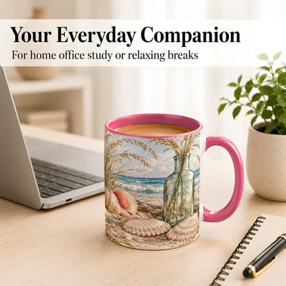 #pl[11oz|Pink] Sea Oats Seashell Coffee Mug, Coastal Bottle Mug, Ceramic Cup
