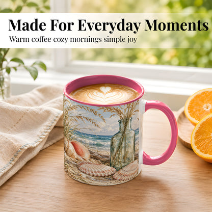 #pl[11oz|Pink] Sea Oats Seashell Coffee Mug, Coastal Bottle Mug, Ceramic Cup