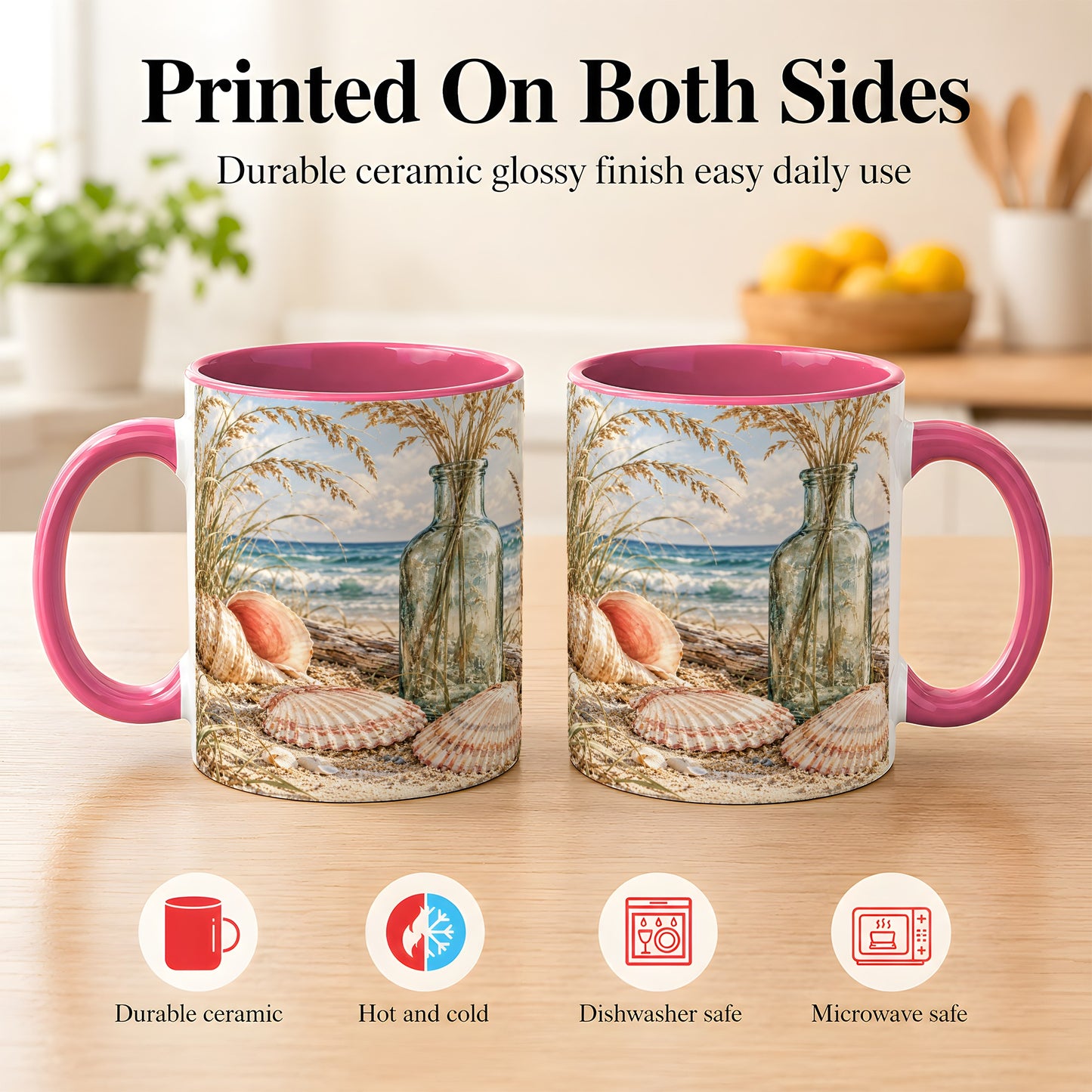 #pl[11oz|Pink] Sea Oats Seashell Coffee Mug, Coastal Bottle Mug, Ceramic Cup