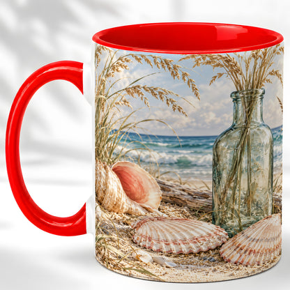 Sea Oats Seashell Coffee Mug, Coastal Bottle Mug, Ceramic Cup