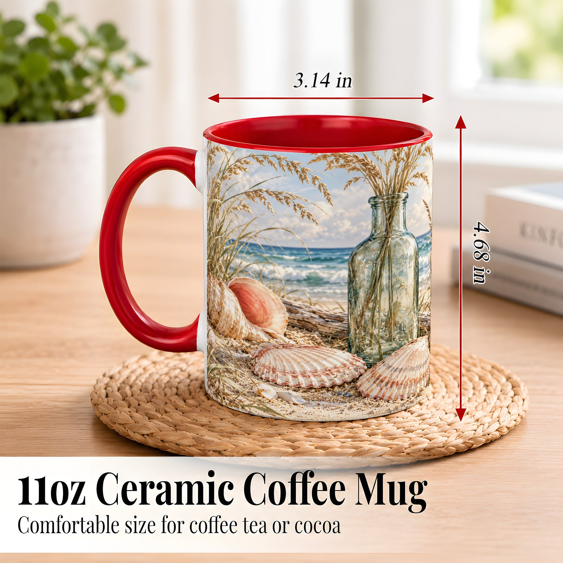 #pl[11oz|Red] Sea Oats Seashell Coffee Mug, Coastal Bottle Mug, Ceramic Cup