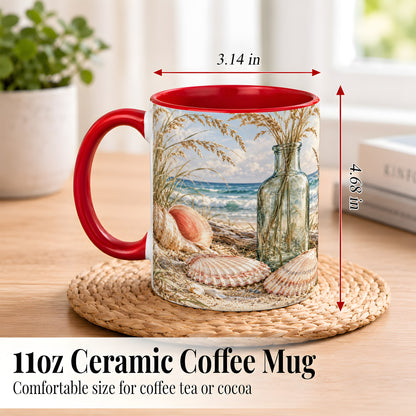 #pl[11oz|Red] Sea Oats Seashell Coffee Mug, Coastal Bottle Mug, Ceramic Cup