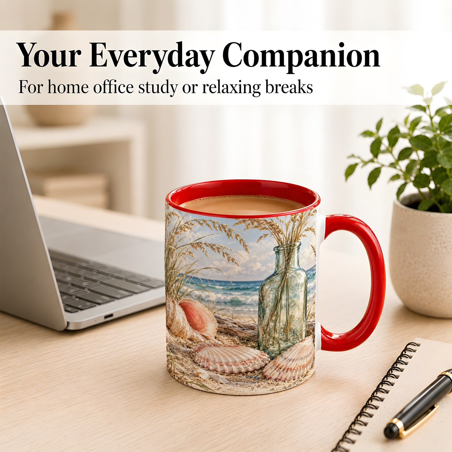 #pl[11oz|Red] Sea Oats Seashell Coffee Mug, Coastal Bottle Mug, Ceramic Cup