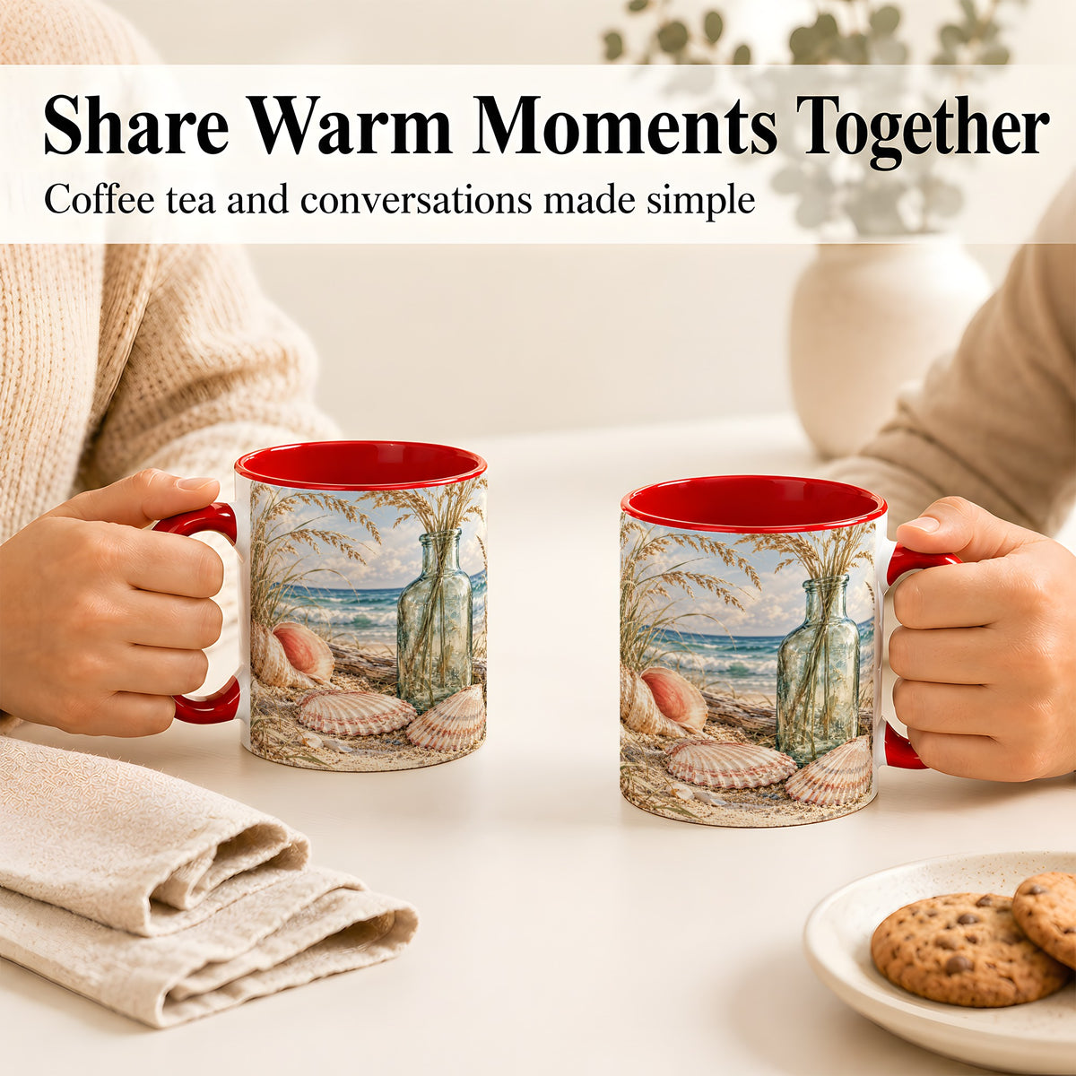 #pl[11oz|Red] Sea Oats Seashell Coffee Mug, Coastal Bottle Mug, Ceramic Cup