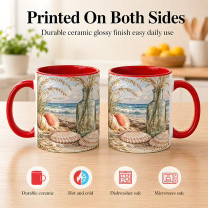#pl[11oz|Red] Sea Oats Seashell Coffee Mug, Coastal Bottle Mug, Ceramic Cup