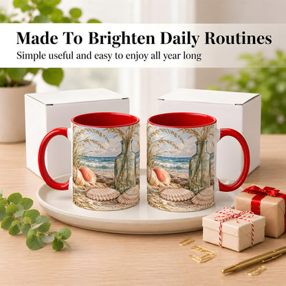 #pl[11oz|Red] Sea Oats Seashell Coffee Mug, Coastal Bottle Mug, Ceramic Cup