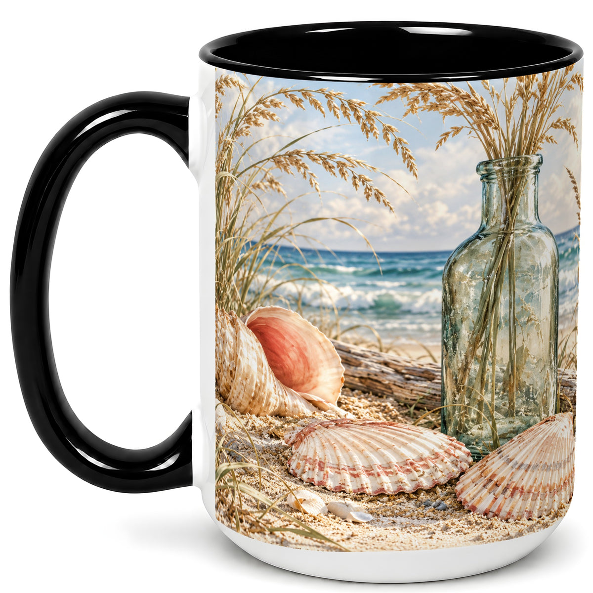 #pl[15oz|Black] Sea Oats Seashell Coffee Mug, Coastal Bottle Mug, Ceramic Cup