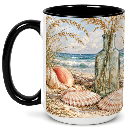 #pl[15oz|Black] Sea Oats Seashell Coffee Mug, Coastal Bottle Mug, Ceramic Cup