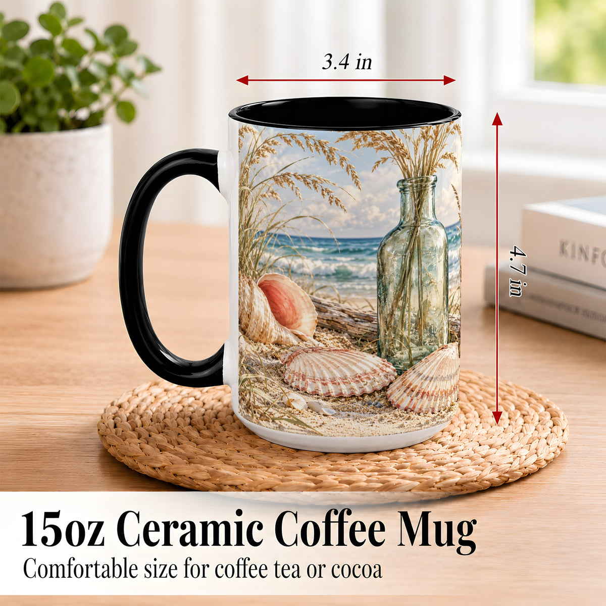#pl[15oz|Black] Sea Oats Seashell Coffee Mug, Coastal Bottle Mug, Ceramic Cup