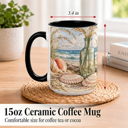 #pl[15oz|Black] Sea Oats Seashell Coffee Mug, Coastal Bottle Mug, Ceramic Cup