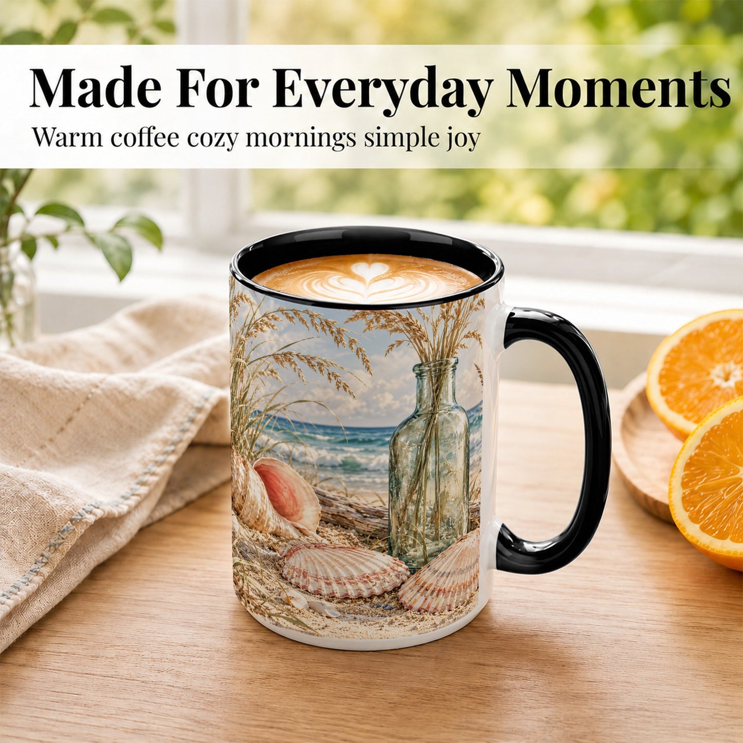 #pl[15oz|Black] Sea Oats Seashell Coffee Mug, Coastal Bottle Mug, Ceramic Cup