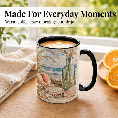 #pl[15oz|Black] Sea Oats Seashell Coffee Mug, Coastal Bottle Mug, Ceramic Cup