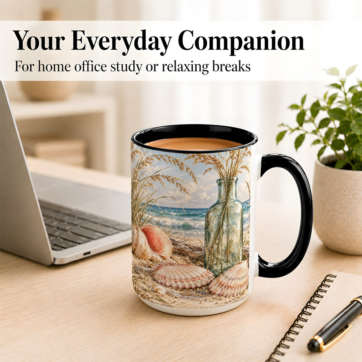 #pl[15oz|Black] Sea Oats Seashell Coffee Mug, Coastal Bottle Mug, Ceramic Cup