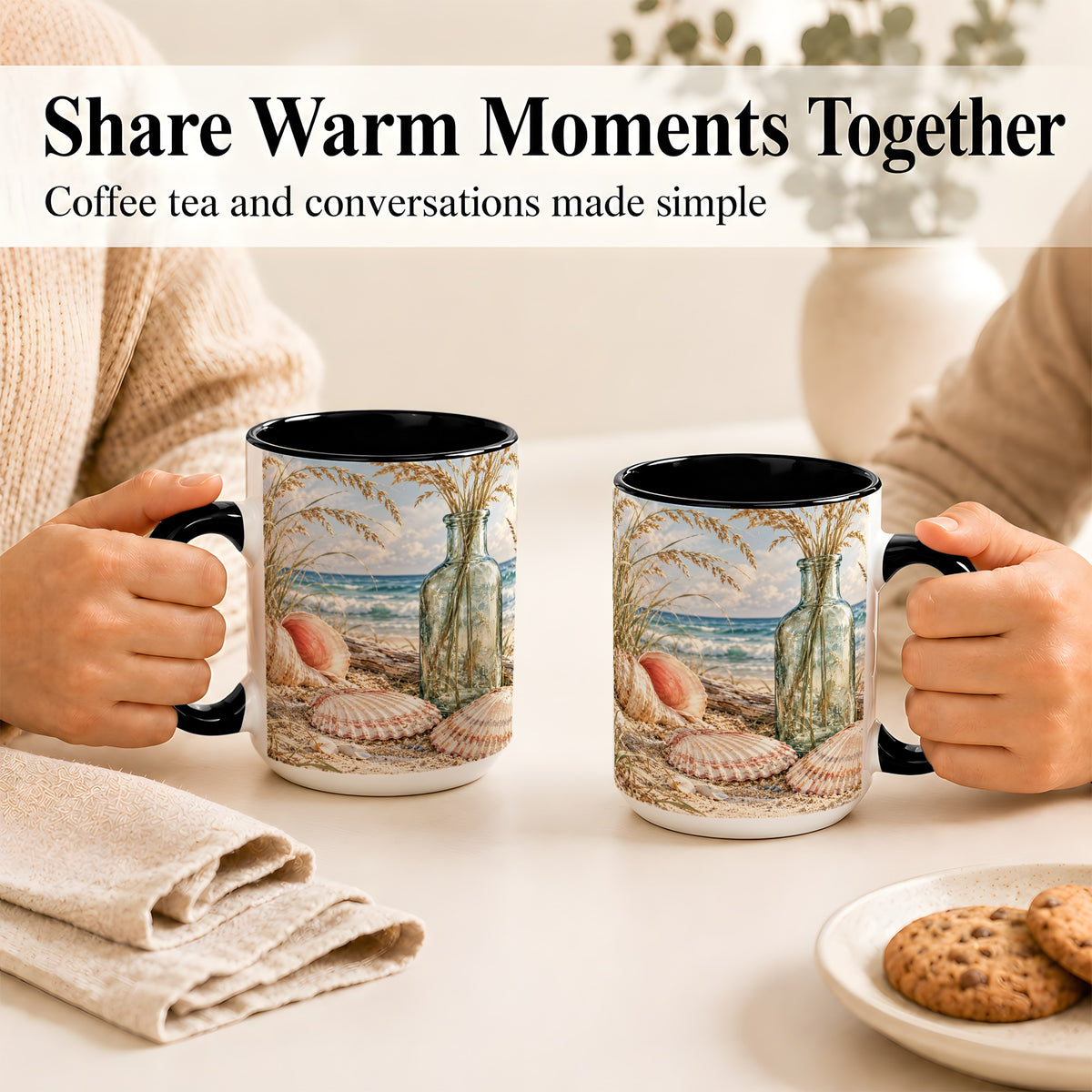 #pl[15oz|Black] Sea Oats Seashell Coffee Mug, Coastal Bottle Mug, Ceramic Cup