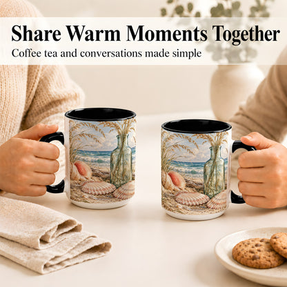 #pl[15oz|Black] Sea Oats Seashell Coffee Mug, Coastal Bottle Mug, Ceramic Cup