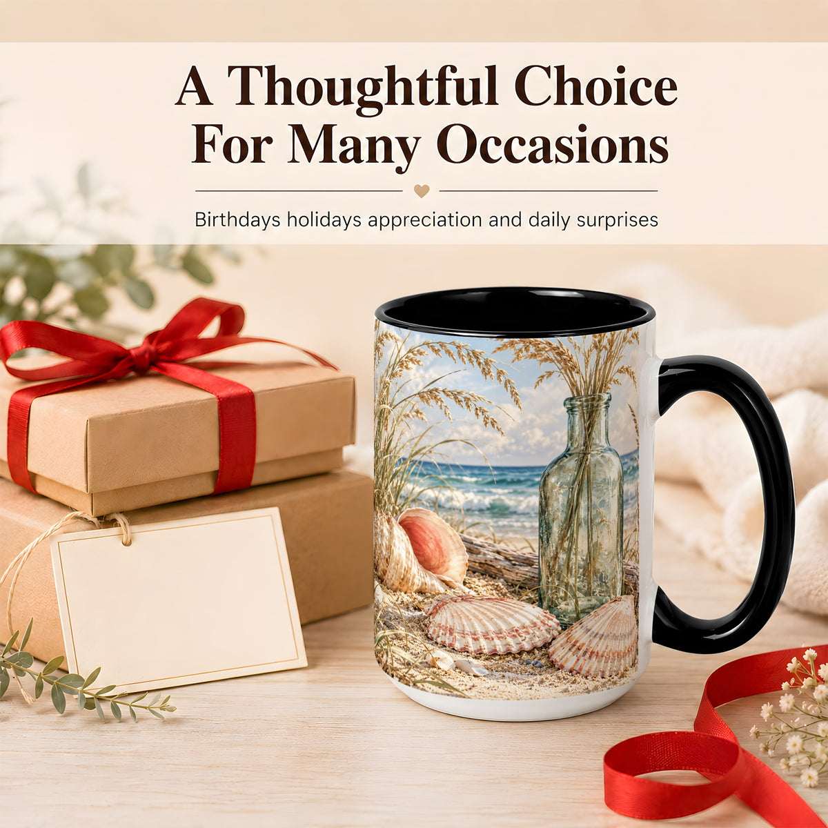 #pl[15oz|Black] Sea Oats Seashell Coffee Mug, Coastal Bottle Mug, Ceramic Cup