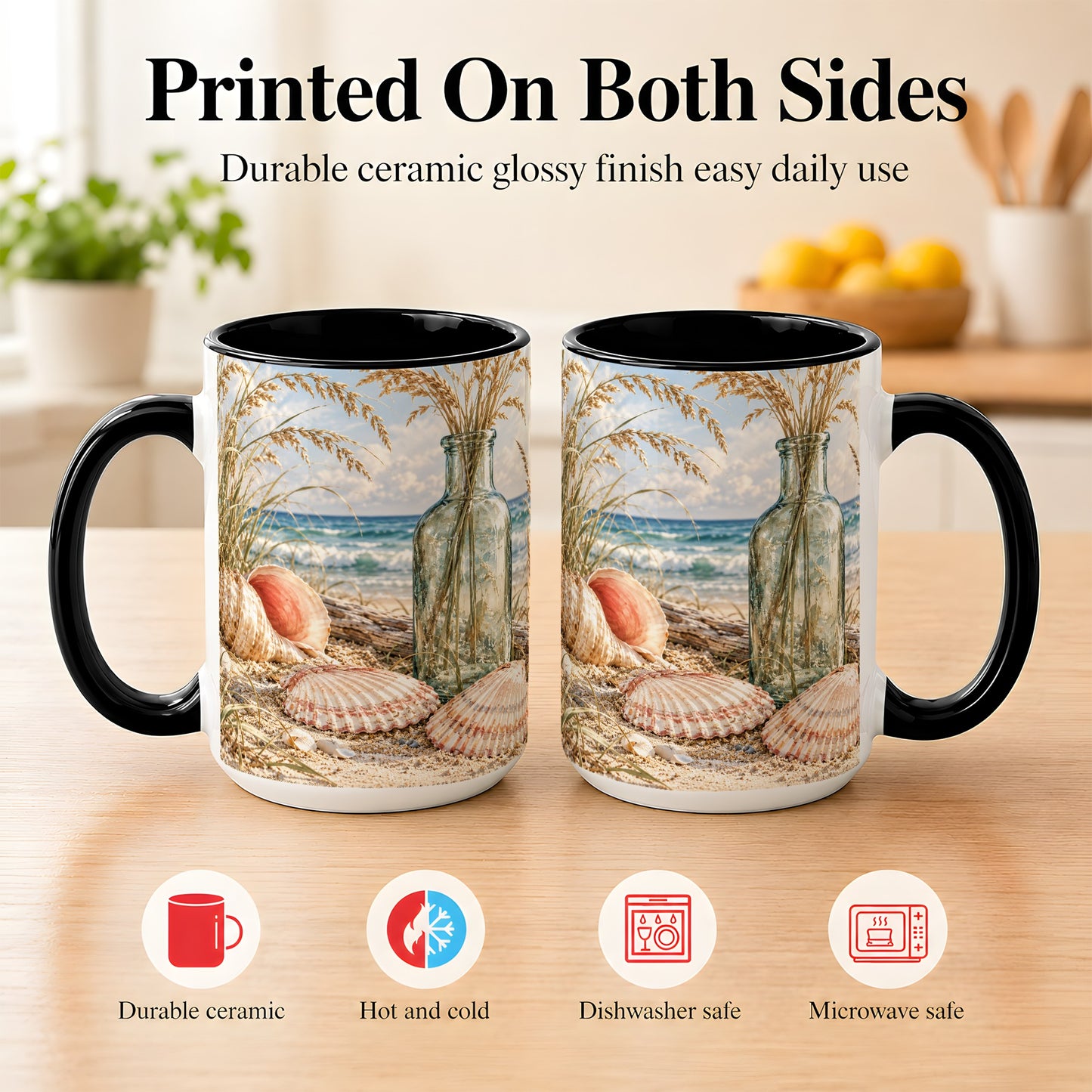 #pl[15oz|Black] Sea Oats Seashell Coffee Mug, Coastal Bottle Mug, Ceramic Cup