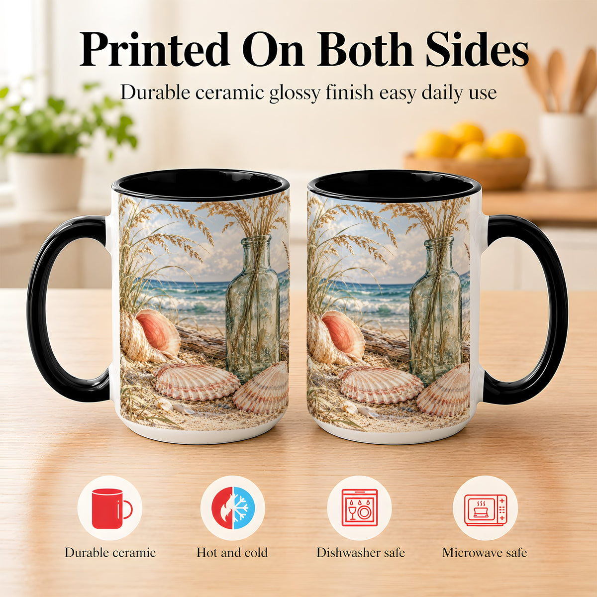 #pl[15oz|Black] Sea Oats Seashell Coffee Mug, Coastal Bottle Mug, Ceramic Cup