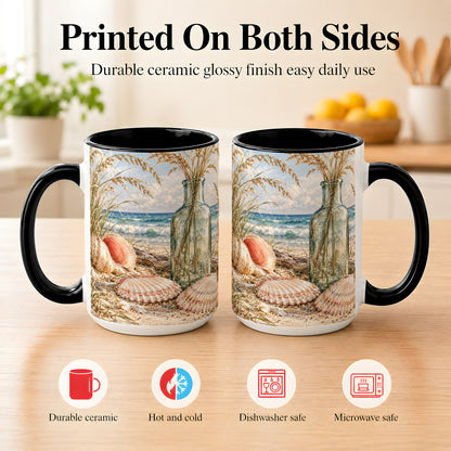 #pl[15oz|Black] Sea Oats Seashell Coffee Mug, Coastal Bottle Mug, Ceramic Cup