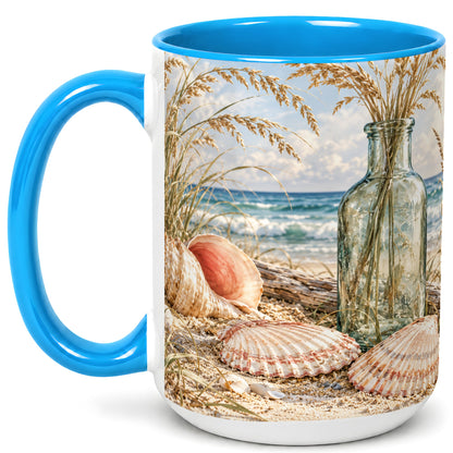 #pl[15oz|Blue] Sea Oats Seashell Coffee Mug, Coastal Bottle Mug, Ceramic Cup