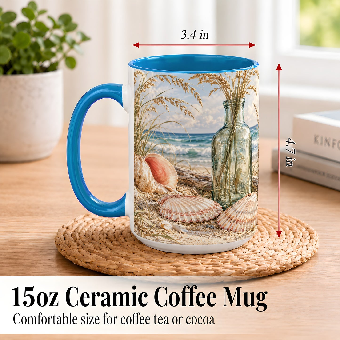 #pl[15oz|Blue] Sea Oats Seashell Coffee Mug, Coastal Bottle Mug, Ceramic Cup