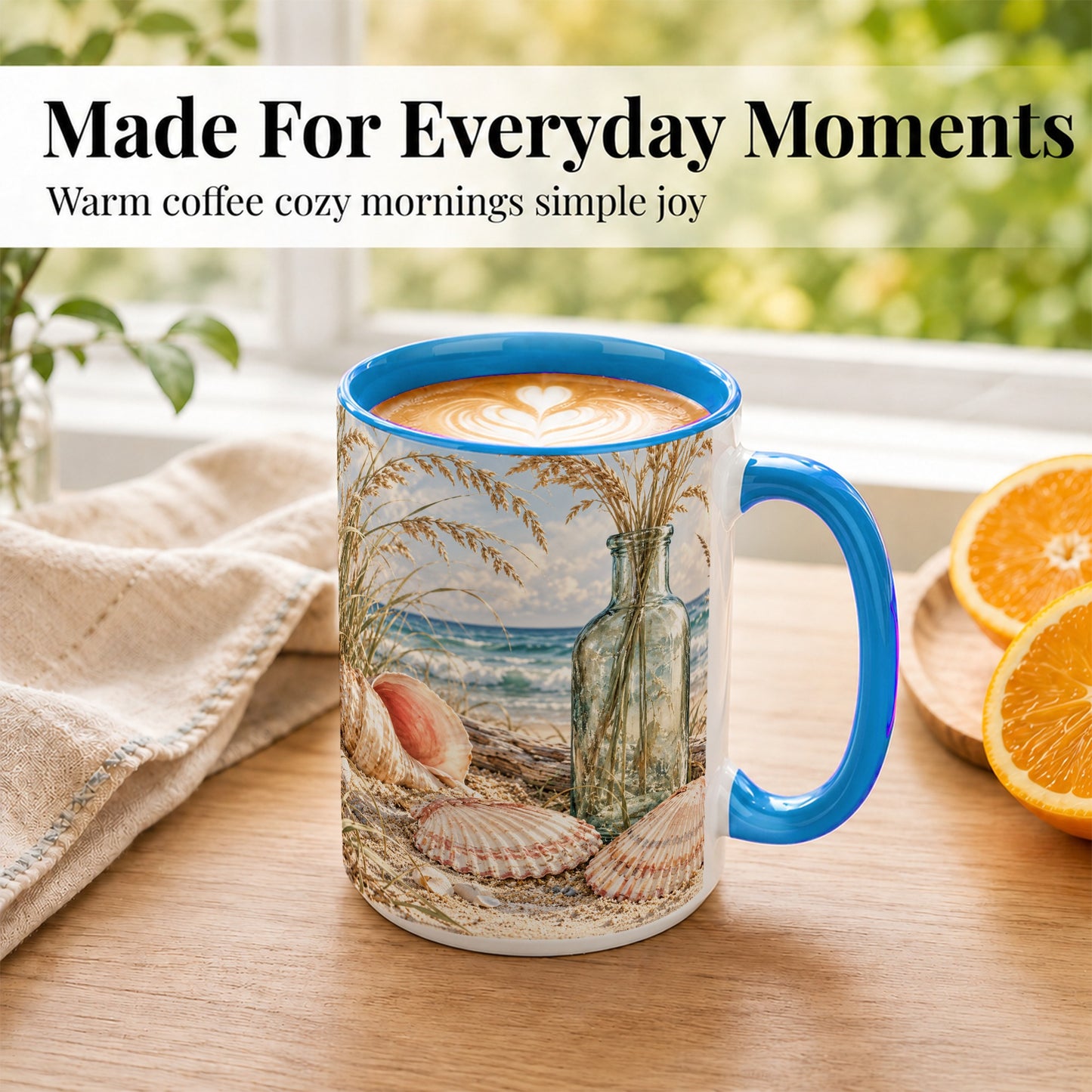 #pl[15oz|Blue] Sea Oats Seashell Coffee Mug, Coastal Bottle Mug, Ceramic Cup