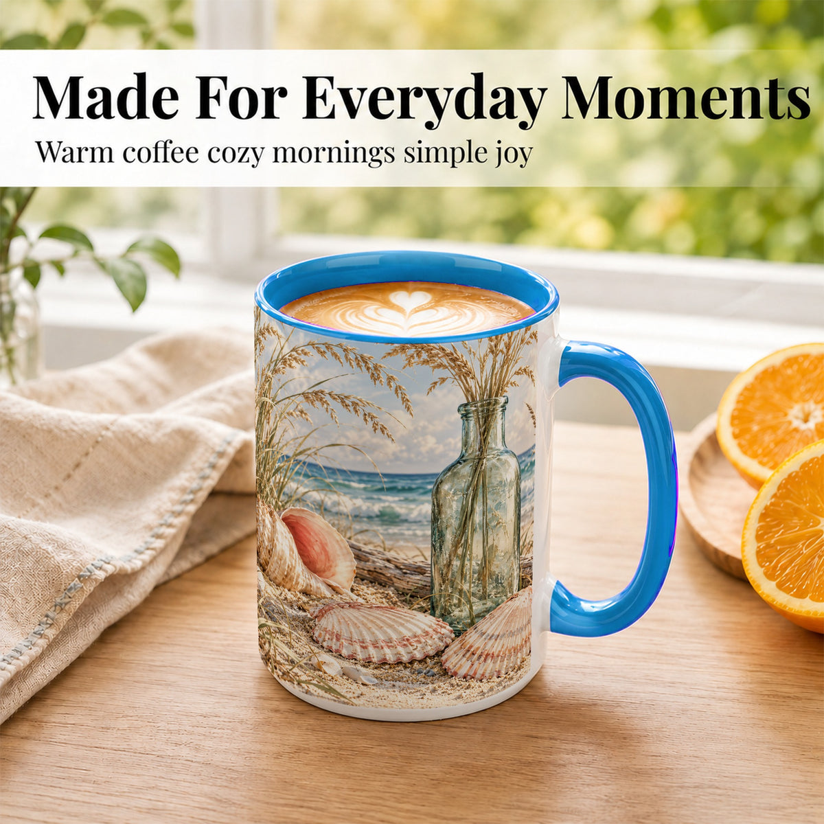 #pl[15oz|Blue] Sea Oats Seashell Coffee Mug, Coastal Bottle Mug, Ceramic Cup