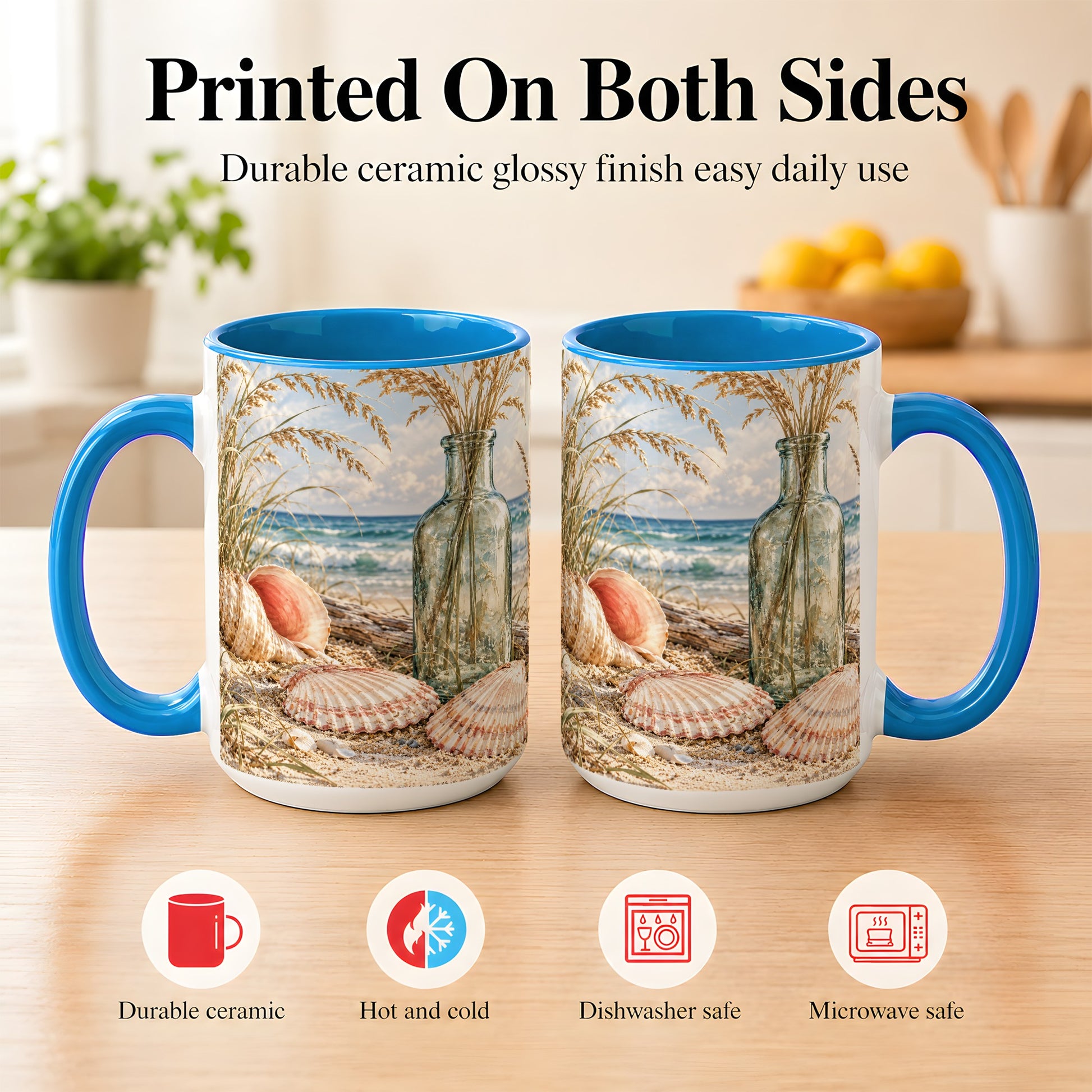 #pl[15oz|Blue] Sea Oats Seashell Coffee Mug, Coastal Bottle Mug, Ceramic Cup