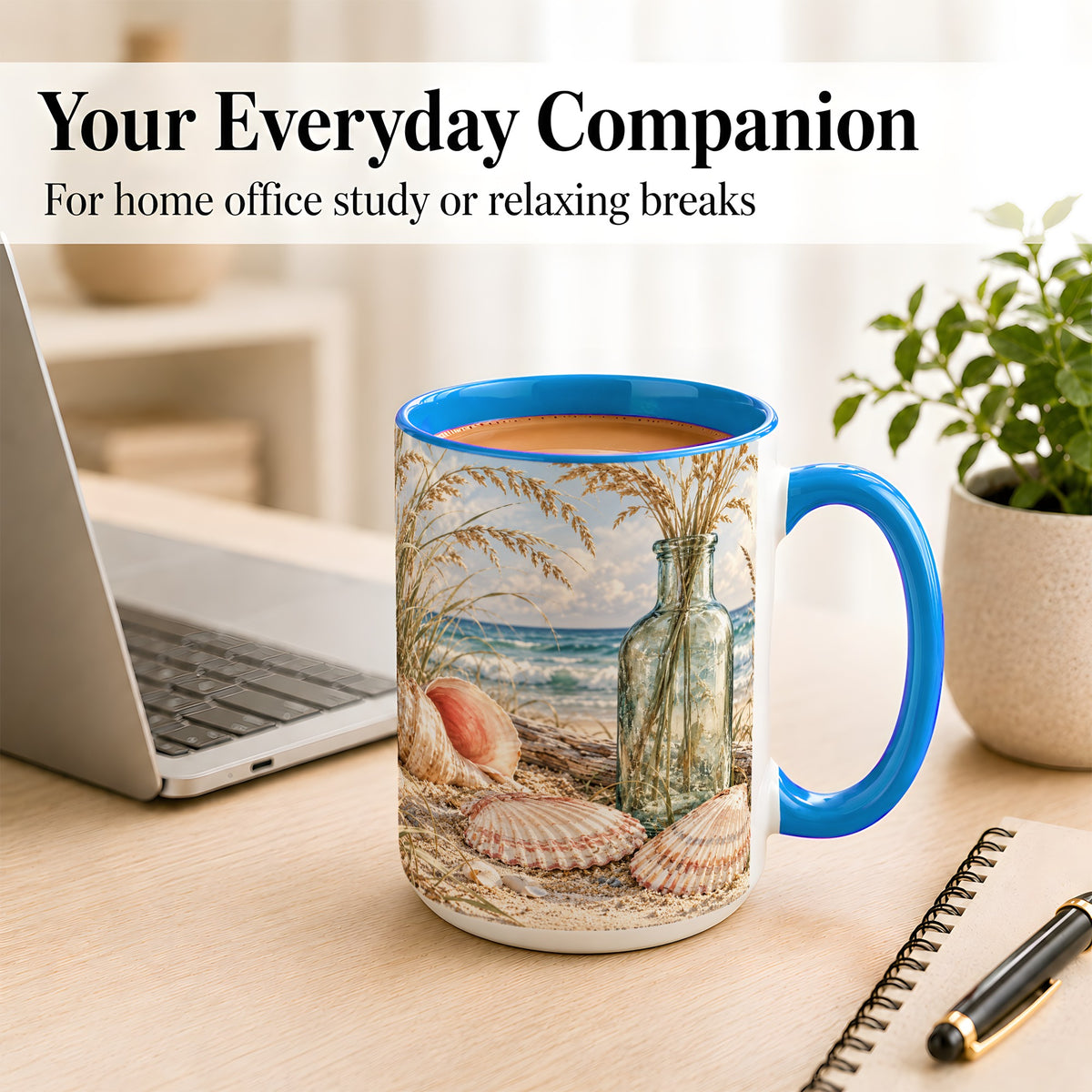 #pl[15oz|Blue] Sea Oats Seashell Coffee Mug, Coastal Bottle Mug, Ceramic Cup