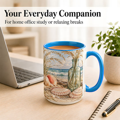 #pl[15oz|Blue] Sea Oats Seashell Coffee Mug, Coastal Bottle Mug, Ceramic Cup
