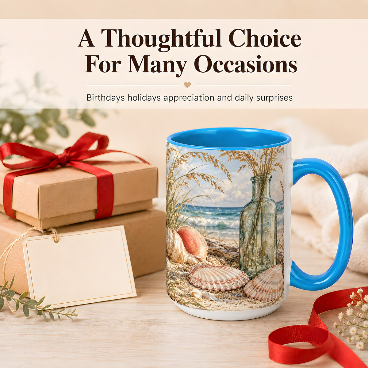 #pl[15oz|Blue] Sea Oats Seashell Coffee Mug, Coastal Bottle Mug, Ceramic Cup