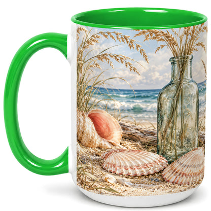 #pl[15oz|Green] Sea Oats Seashell Coffee Mug, Coastal Bottle Mug, Ceramic Cup