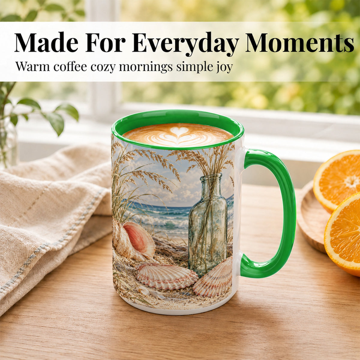 #pl[15oz|Green] Sea Oats Seashell Coffee Mug, Coastal Bottle Mug, Ceramic Cup